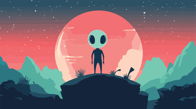 Alien Minimalist Space Exploration Flat Vector Illustration