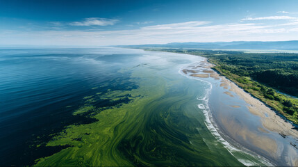 Algae bloom swirling in ocean water near sandy beach and green forest under blue sky