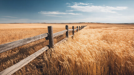 Obraz premium Golden wheat field with rustic wooden fence under bright blue sky in peaceful rural landscape