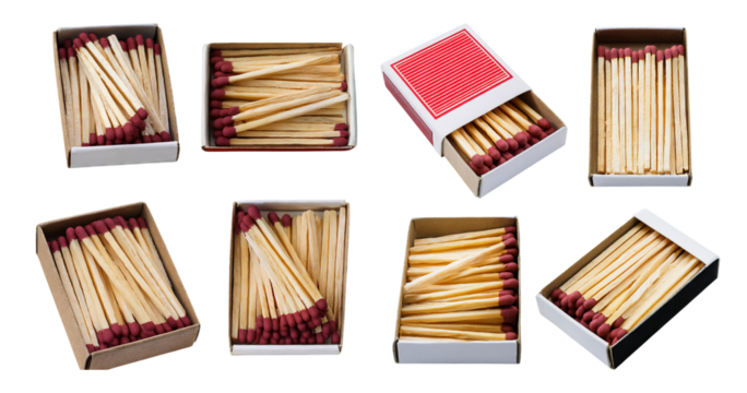 Assorted Matchstick Boxes with Wooden Strikes and Red Heads, isolated on transparent background