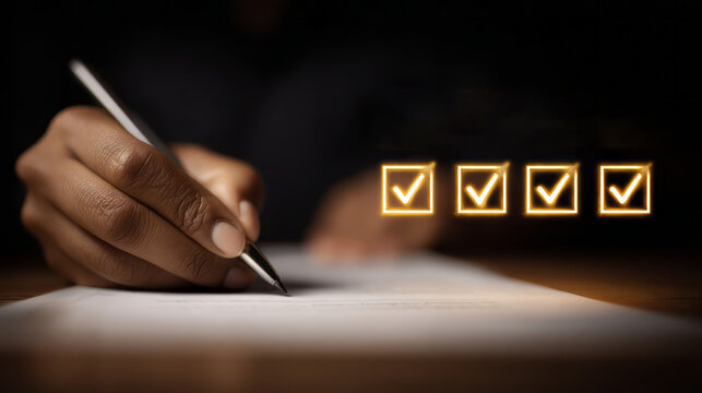 Close up of hand holding pen writing on paper with glowing neon checkmarks in dark background