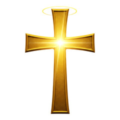 Glowing golden Christian cross radiating light, symbolizing divine energy, spiritual power, and eternal hope