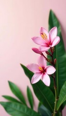 Fototapeta premium Delicate pink blossoms, lush green tropical leaves, minimalist backdrop , floral background, delicate, minimalism