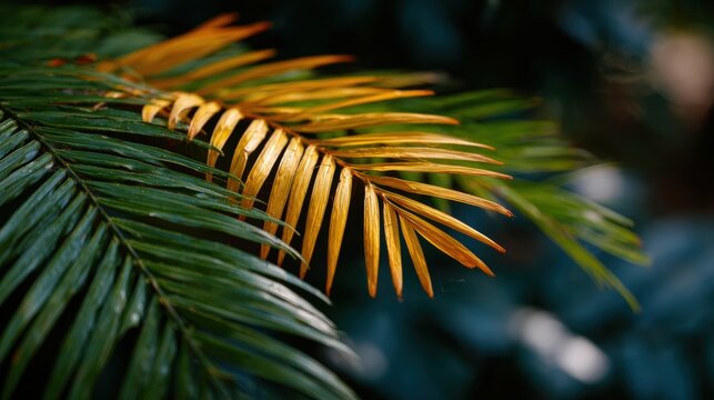 Close-up of green and yellow palm fronds with a blurred background, highlighting the contrast between fresh and dried leaves in a natural setting.