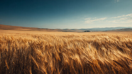 Obraz premium Golden wheat field under clear blue sky with distant hills and warm sunlight