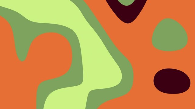 Colorful abstract background inspired by mid-century modern design, featuring smooth organic shapes in earthy tones such as olive green, burnt orange, burgundy, and soft lime. The playful layout and r