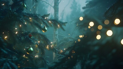 Enchanted Christmas Tree in Snowy Forest Night