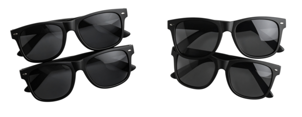 Set ofTop-Down View of Folded Black Wayfarer Sunglasses, Transparent Background