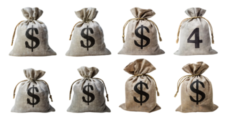 Fabric Money Bags with Dollar Signs and Number Four on Display, isolated on transparent background