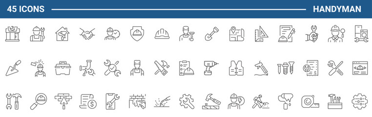 Handyman Web Icons Set in Line or outline Style related to Handyman. Icons For Web and Mobile App. Linear icons collection. Editable stroke. Vector illustration.