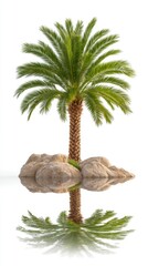Lush Palm Tree with Rocks and Reflection Isolated on White Background