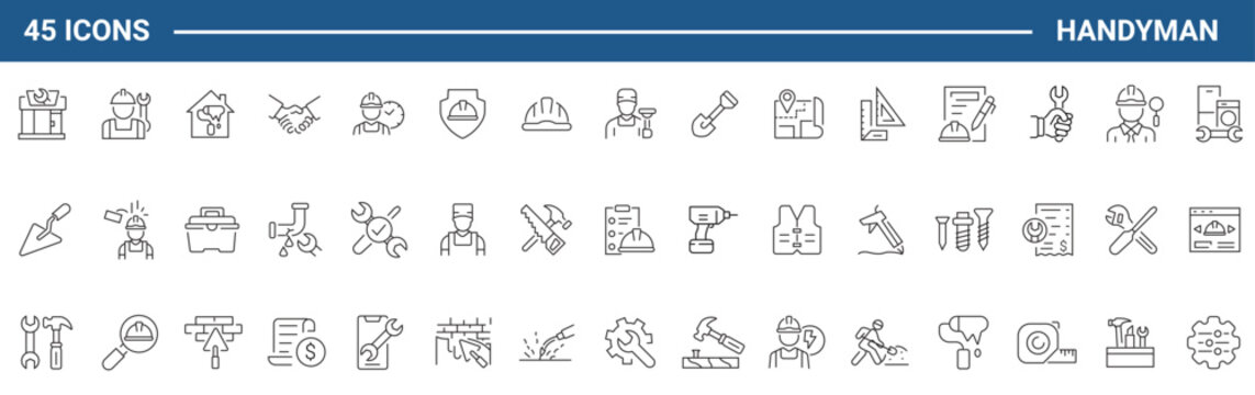 Handyman Web Icons Set in Line or outline Style related to Handyman. Icons For Web and Mobile App. Linear icons collection. Editable stroke. Vector illustration.