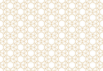 seamless pattern features an intricate network of overlapping golden circles on a white background, creating  harmonious and elegant geometric design. ,vector illustration.