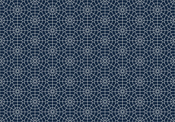 seamless pattern features white geometric lines forming intricate starburst or snowflake-like designs within a hexagonal grid, on dark blue background vector.