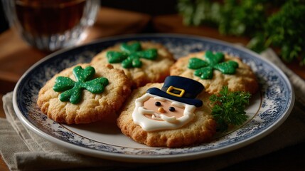Festive cookies decorated with green shamrocks and a leprechaun face on a blue-patterned plate, perfect for St. Patrick's Day celebrations.