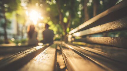 Two young adults sitting on a wooden park bench enjoying nature, sunlight filtering through trees with soft blurred green background, peaceful outdoor leisure scene.
