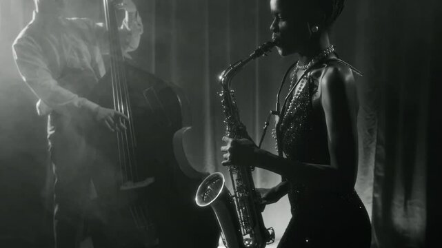Side view black and white shot of glamorous Black woman playing saxophone passionately while performing on stage in vintage jazz club, copy space