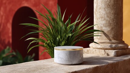 A marble container with a gold rim sits on a stone ledge next to a green plant, with a red wall and column in the background.