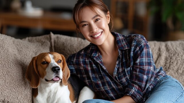 Woman in plaid shirt smiles while sitting on a couch with a beagle dog in a cozy home setting.