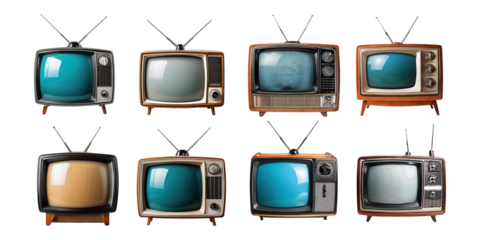 Vintage Television Set Collection on Transparent Background