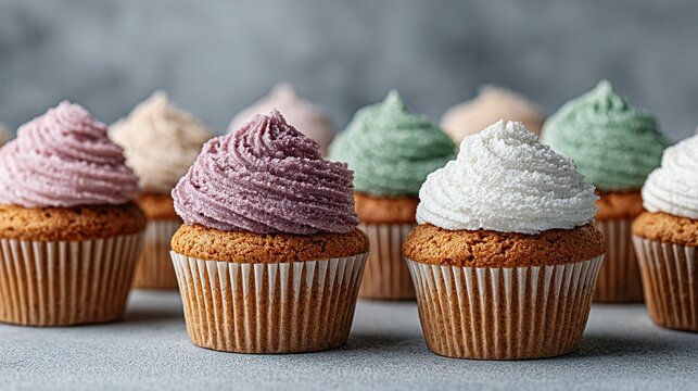 Colorful cupcakes with swirls of frosting.