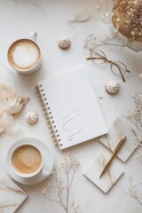 Cozy Workspace Setup with Coffee, Notebook, and Floral Accents for Creativity