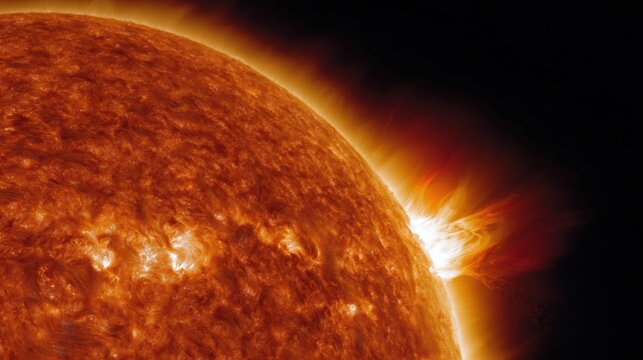 Close-up of the sun's surface with a solar flare erupting, showcasing intense heat and energy against the dark backdrop of space.