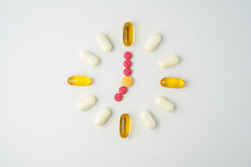 Clock made of pills capsules, pills form a circle, omega, vitamins, Cod liver oil, supplements
