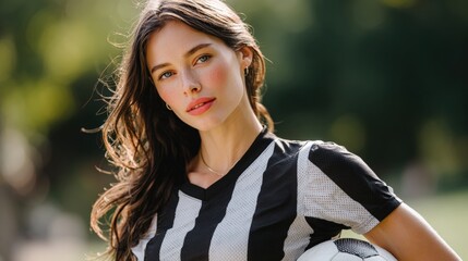 Woman with long hair in a black and white sports jersey holding a soccer ball outdoors on a sunny day.