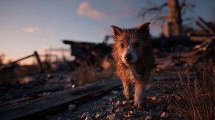 and keyword list based on the image

 Small dog walks forward, looking towards viewer, in a dusty, demolished, desolate environment