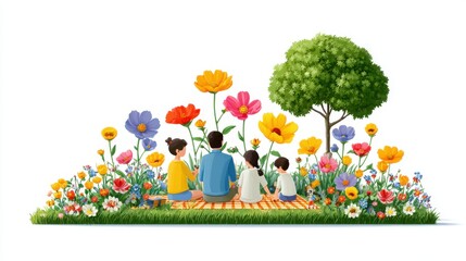 Naklejka premium Family Gathering in a Colorful Flower Field on a Sunny Day