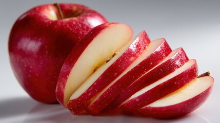 Close-up of a fresh red apple and its sliced segments on a reflective surface, showcasing the vibrant color and texture in detail.