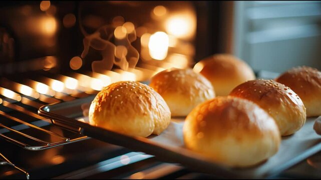 Freshly baked bread rolls being pulled from the oven in a cozy kitchen setting during the early morning