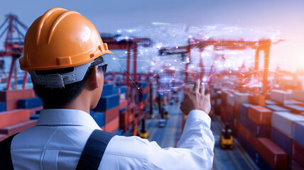 Networked Trade Horizon: A port supervisor projects an electrified lattice of Asian shipping routes above stacked containers, embodying the digital twin that choreographs a continent-spanning supply-c