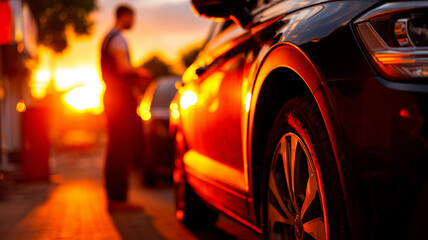 Crimson Commute Reflections: Molten evening light glides across a car’s wheel and glossy bodywork, hinting at journeys completed and the mechanical reliability awaiting tomorrow’s road.
