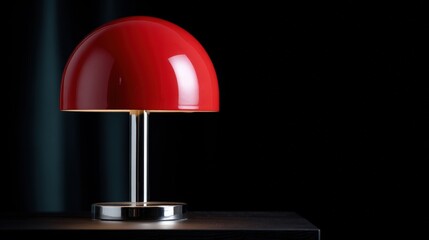 Modern red table lamp with a glossy dome shade on a sleek metal base, set against a dark background, creating a stylish and elegant ambiance.