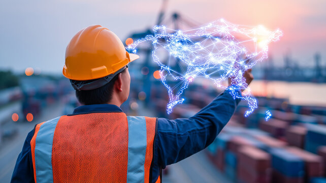 Networked Trade Horizon: A port supervisor projects an electrified lattice of Asian shipping routes above stacked containers, embodying the digital twin that choreographs a continent-spanning supply-c - Powered by Adobe