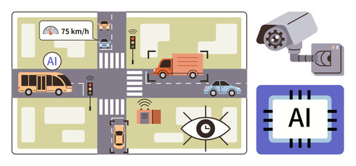 Intersection with AI monitoring cars, buses, and trucks, speed sensors, surveillance cameras, microchip. Ideal for smart city, traffic management AI safety innovation security. Simple flat