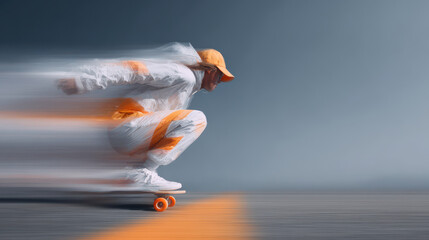 dynamic portrait of longboarder captured in motion positioned on left side of frame