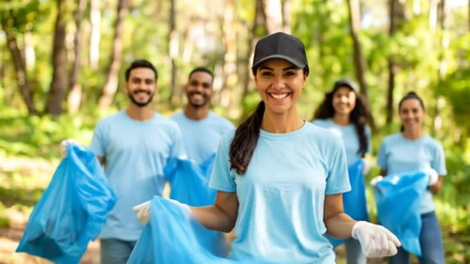 Multicultural volunteers demonstrate commitment to environmental stewardship in a forest - Powered by Adobe