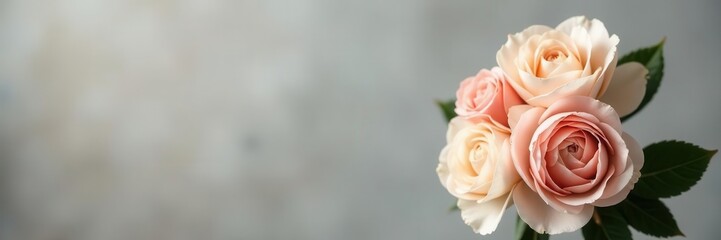 Fototapeta premium Elegant peach & white peony roses bouquet, gray backdrop, image, petals