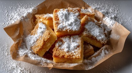 A pile of lemon bars dusted with powdered sugar sits on a piece of parchment paper, creating a delicious and inviting dessert presentation.