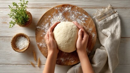 Fototapeta premium Hands Preparing Fresh Bread Dough on Wooden Board with Flour