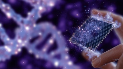 A hand holds a microchip with a digital DNA strand in the background, symbolizing the fusion of technology and biology.