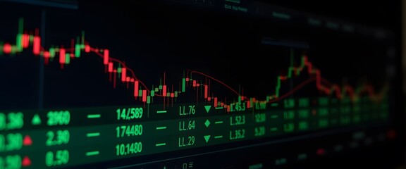 Financial market chart displaying stock trends with candlestick analysis and numerical data