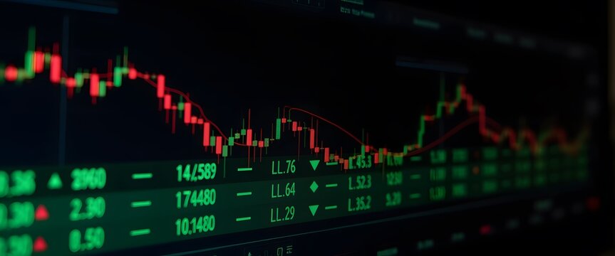 Financial market chart displaying stock trends with candlestick analysis and numerical data