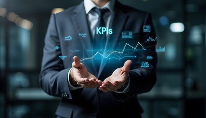 Business Professional Presenting Key Performance Indicators with Data Visualization Elements