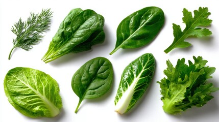 Fototapeta premium A variety of fresh green leafy vegetables, including spinach, lettuce, and herbs, arranged on a white background, showcasing their vibrant colors and textures.