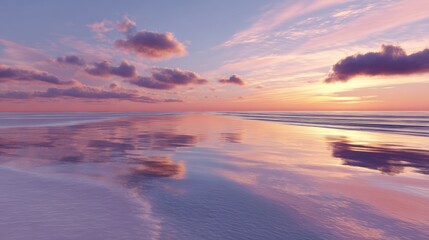 Fototapeta premium Serene beach sunset with vibrant pink and purple hues reflecting on calm ocean waters and scattered clouds in the sky.