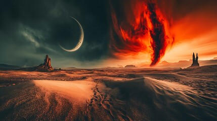 Otherworldly landscape with crescent moon and dramatic fiery sky panorama
